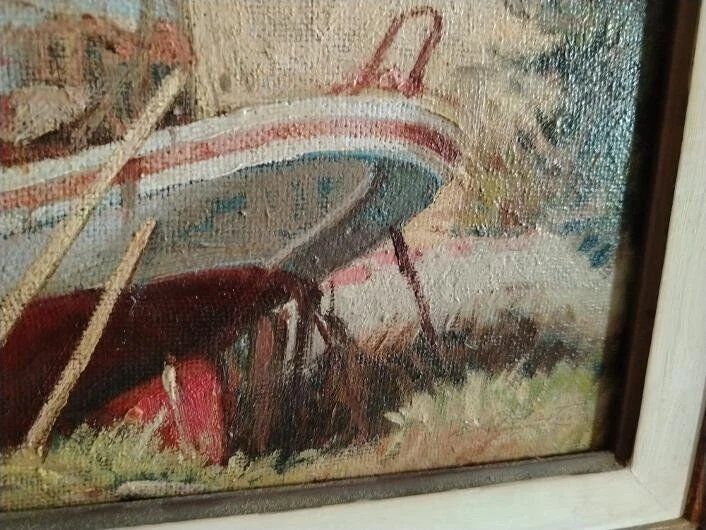 Marine Painting in Oil on Masonite, First Half of the 20th Century, Signed, Gilded Wooden Frame