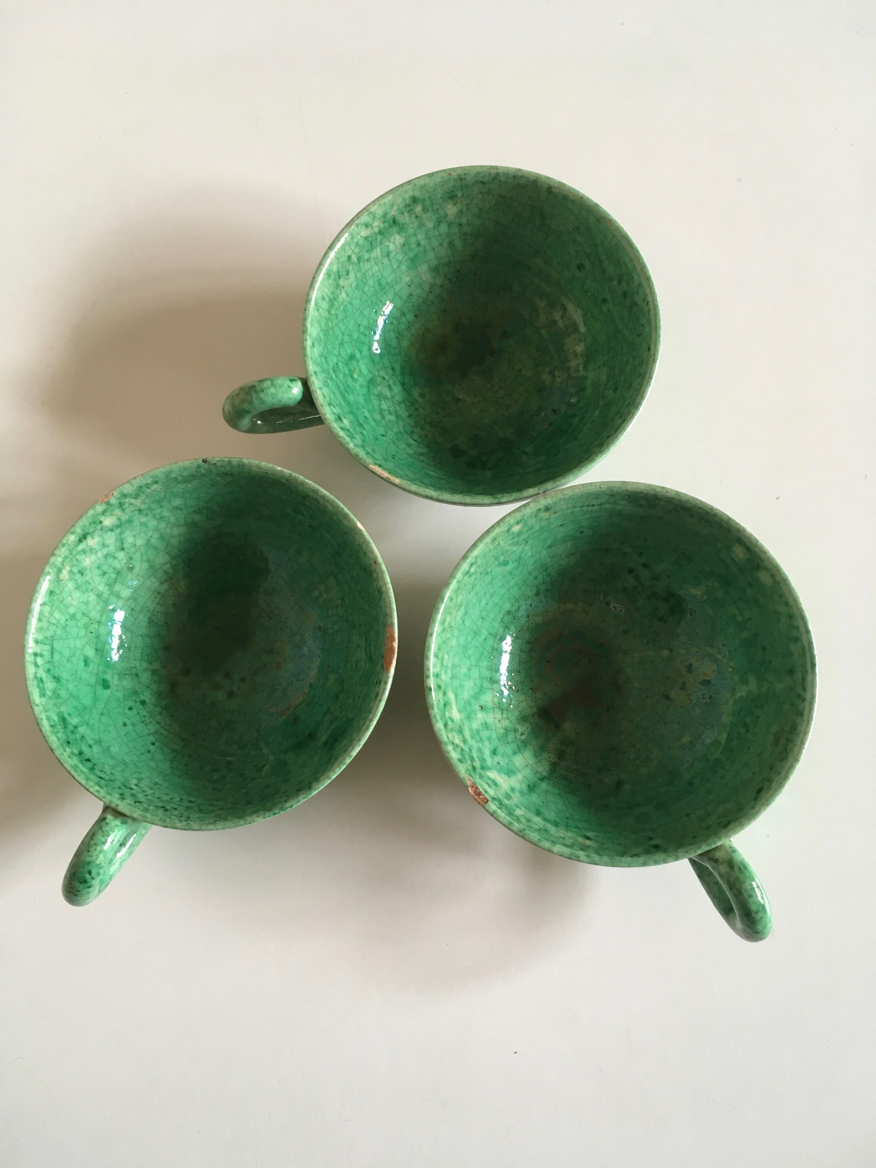 Cups green glazed ceramic, marius giuge, vallauris 50's