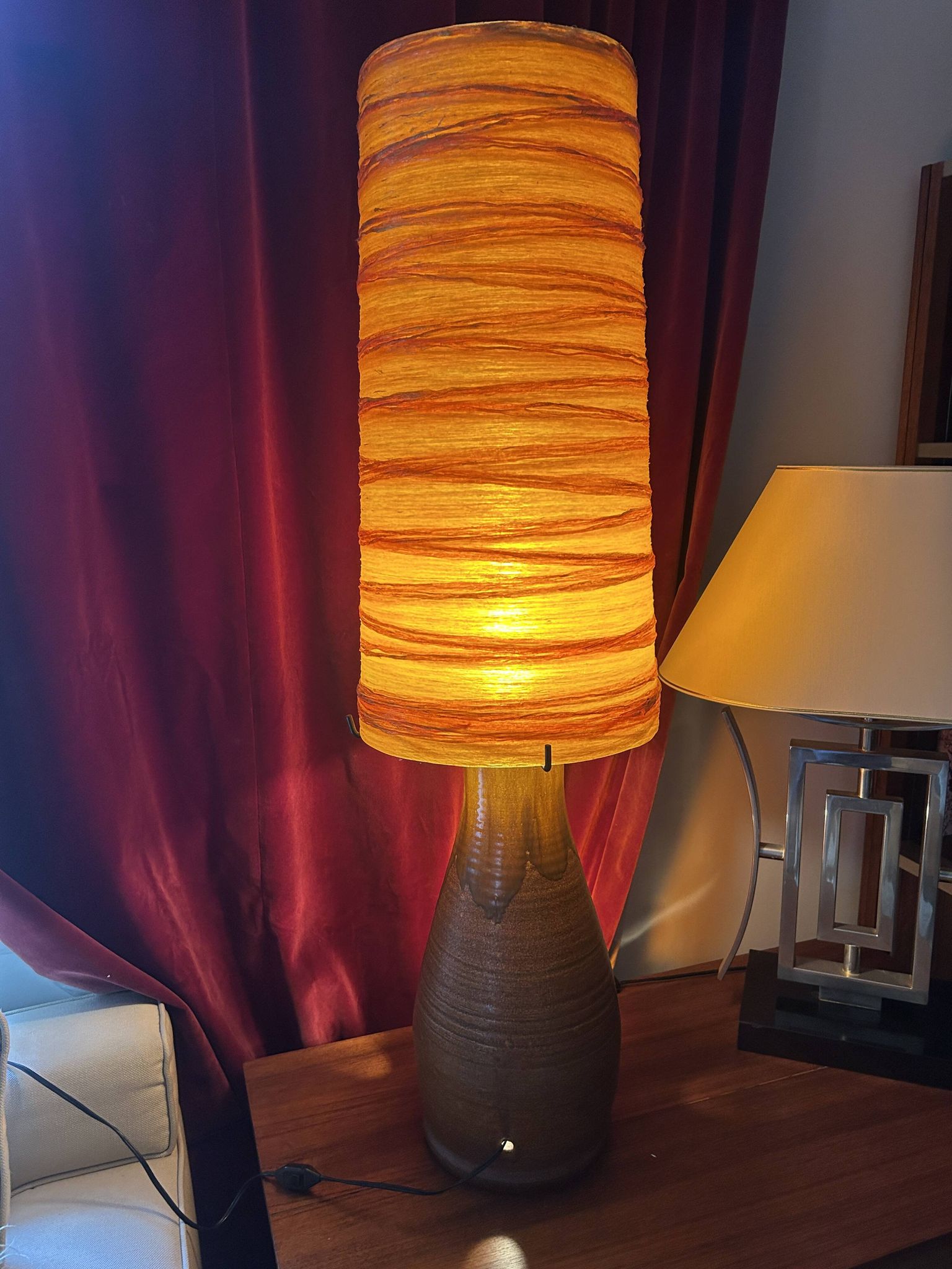 Lampe Accolay en terre cuite, abat jour résine à double éclairage, 1960