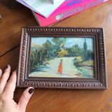 Petite huile sur panneau paysage et femme ancien