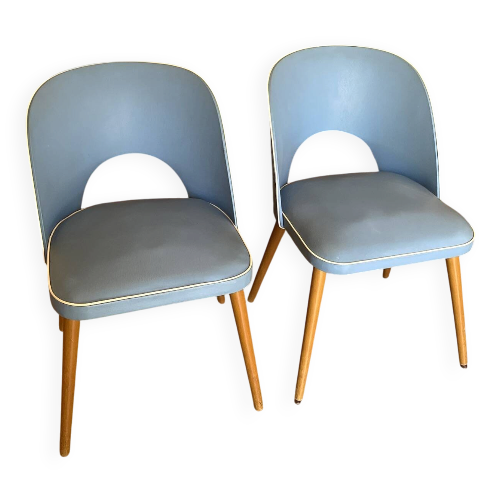 Vintage 1950s Chair Pair – Blue Faux Leather & Compass Legs (Guaric Style)