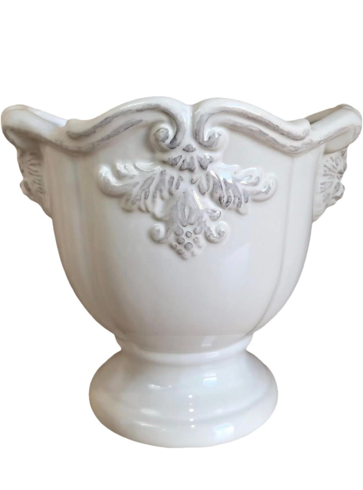 White glazed ceramic urn vase — baroque relief decor — Gustavian / sha