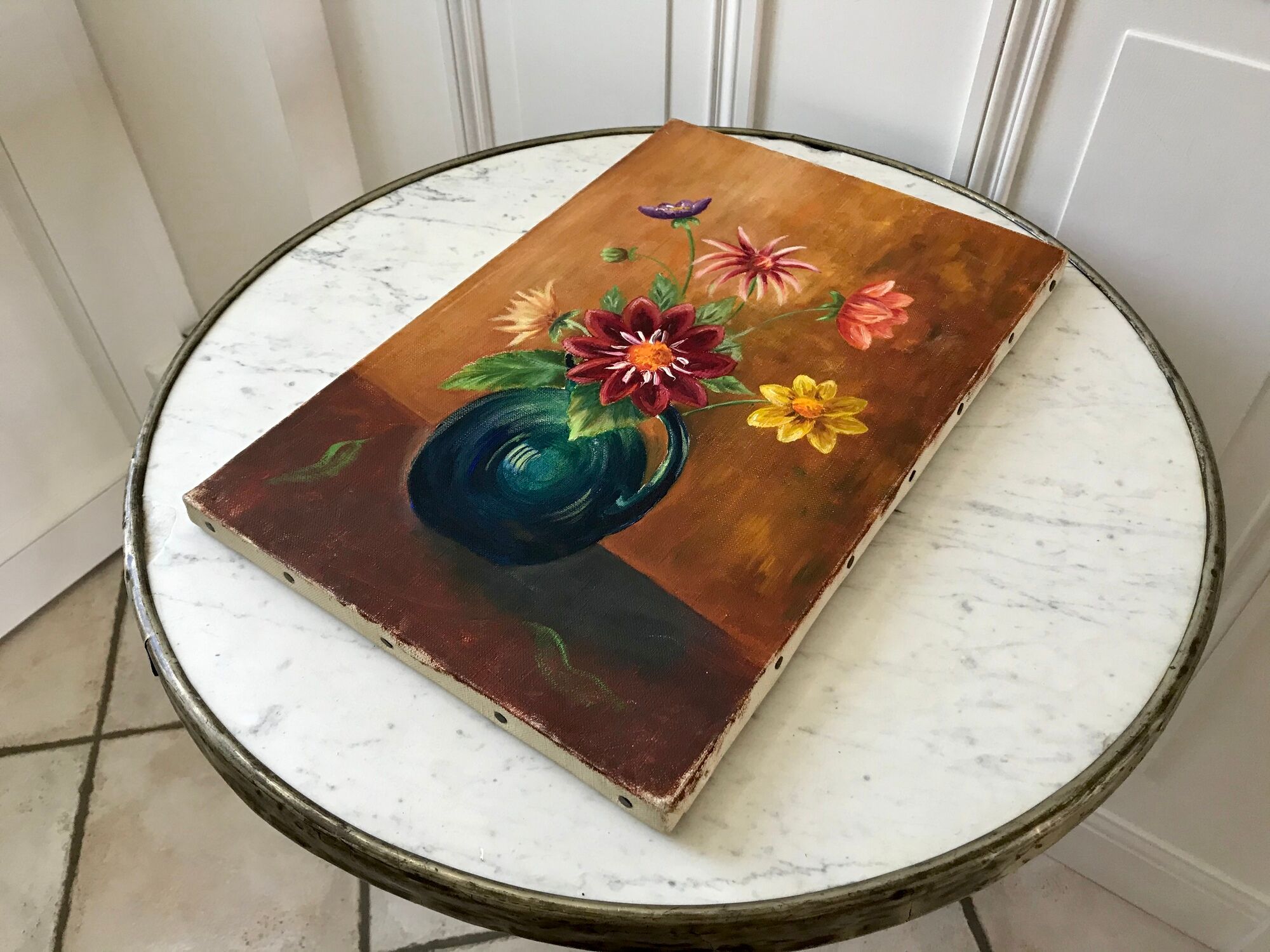 Old oil on canvas painting bouquet of vintage flowers