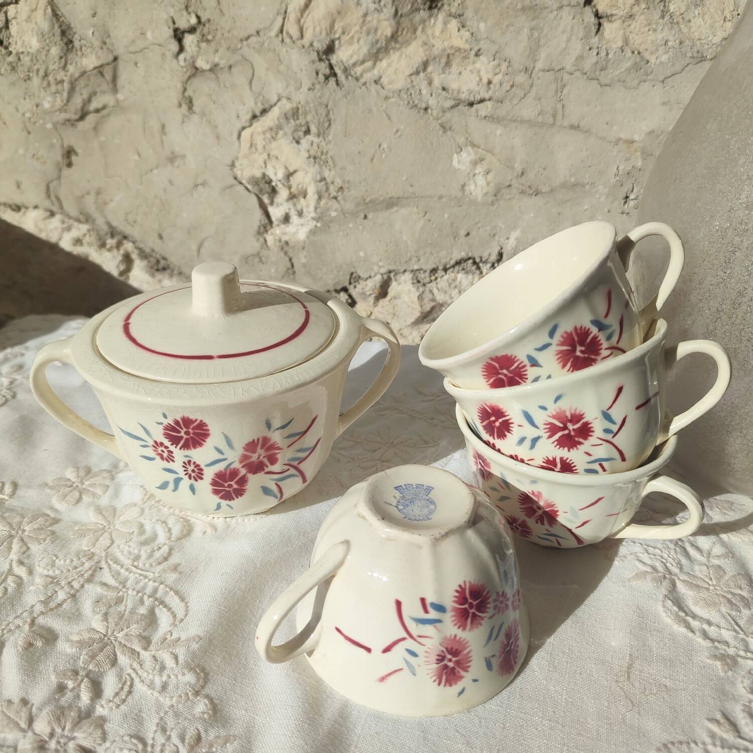 Set of 4 Badonviller Floral cups and a sugar bowl
