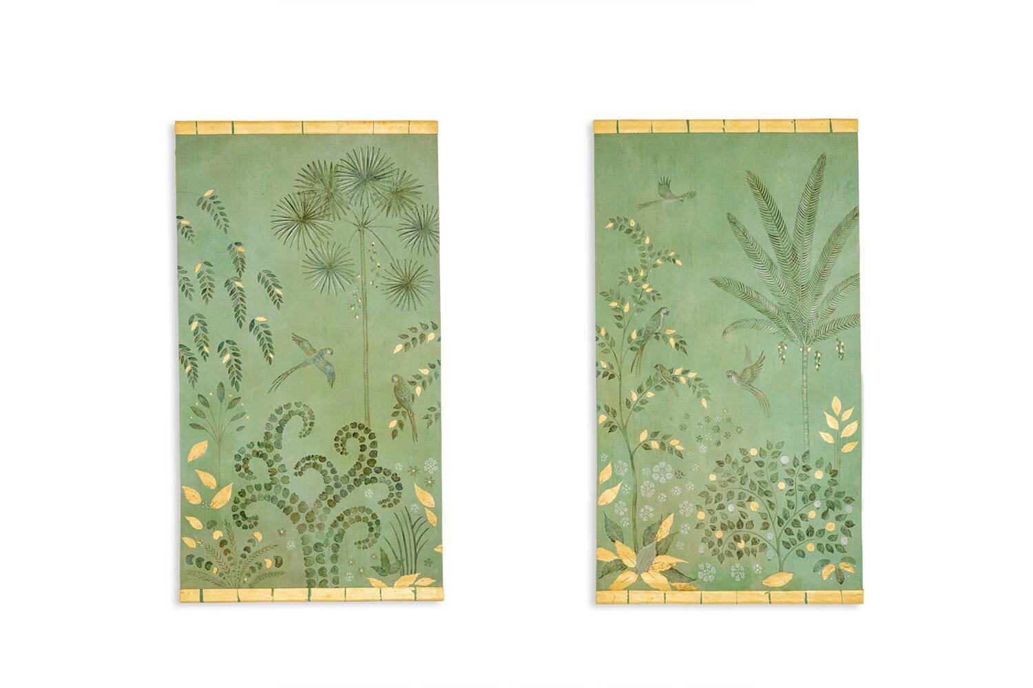 Painted canvas, contemporary decorative panel, parrots and bird.