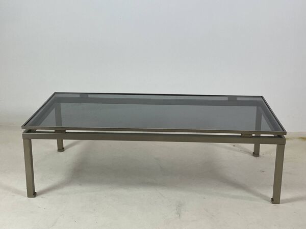 Table basse en laiton et plateau verre fumé par Guy Lefevre, 1970s