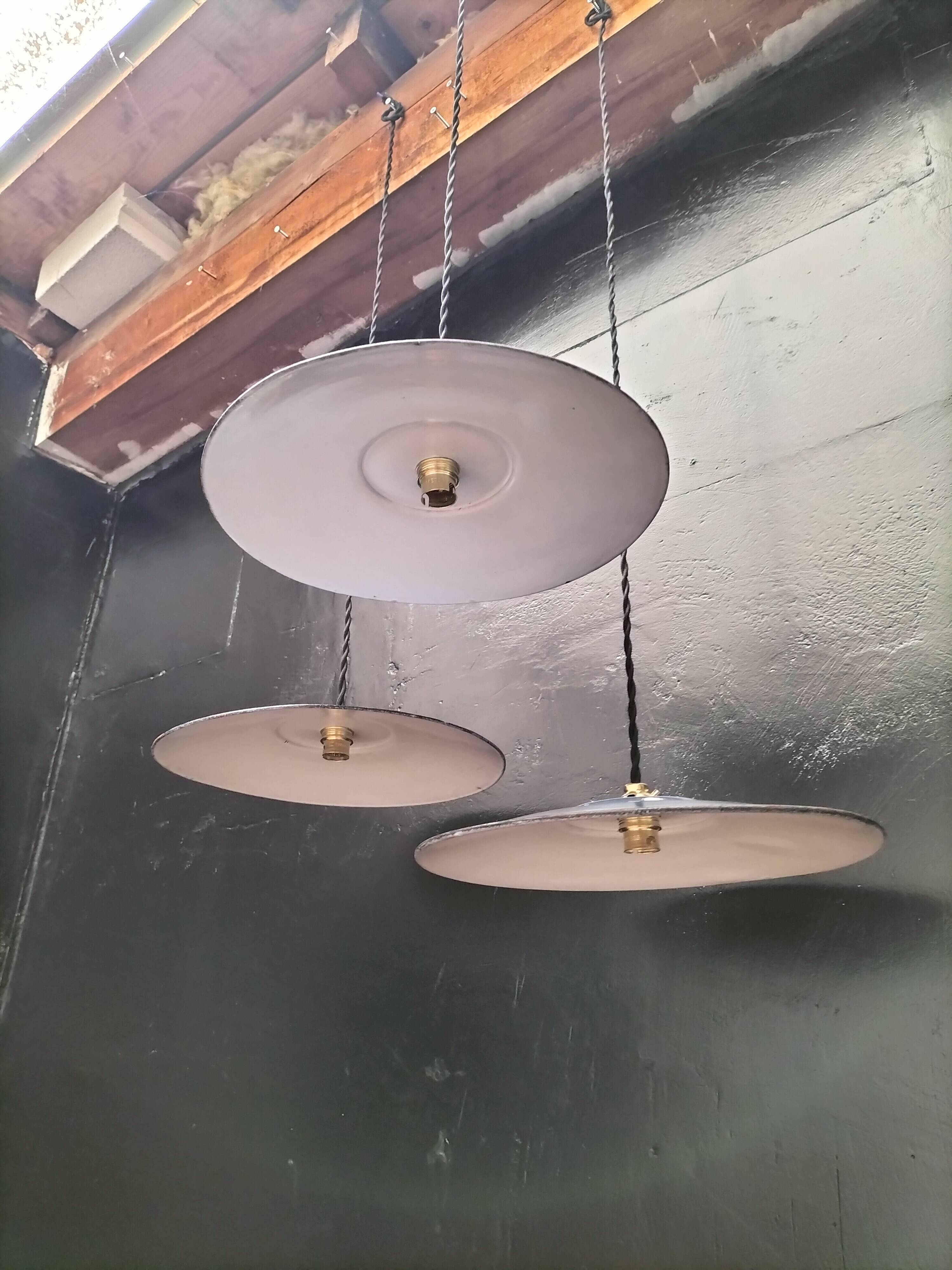 3 blue enameled sheet metal pendant lights