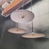 3 blue enameled sheet metal pendant lights