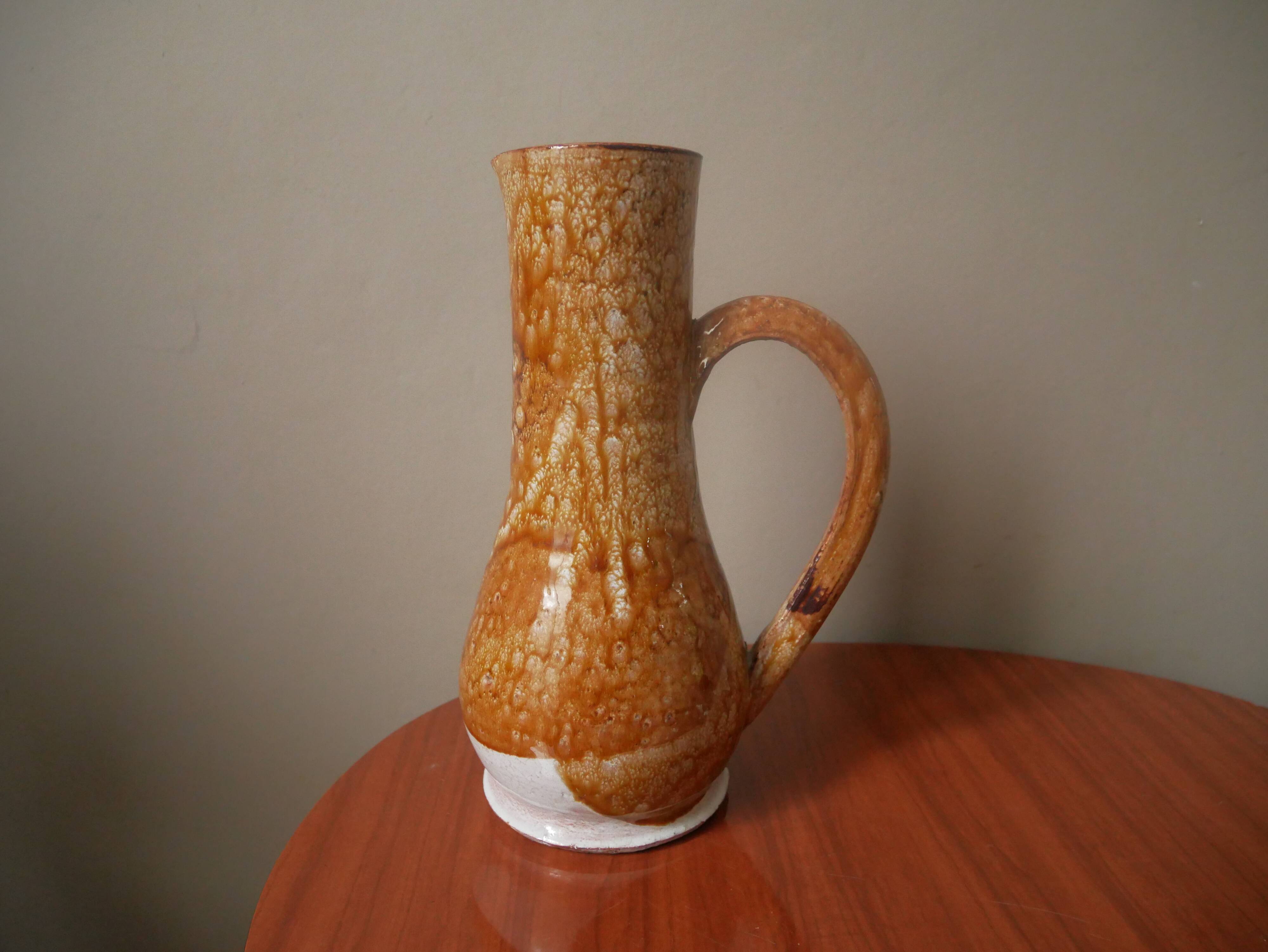 Vase with vintage ceramic handle, handcrafted, old pitcher, country decoration