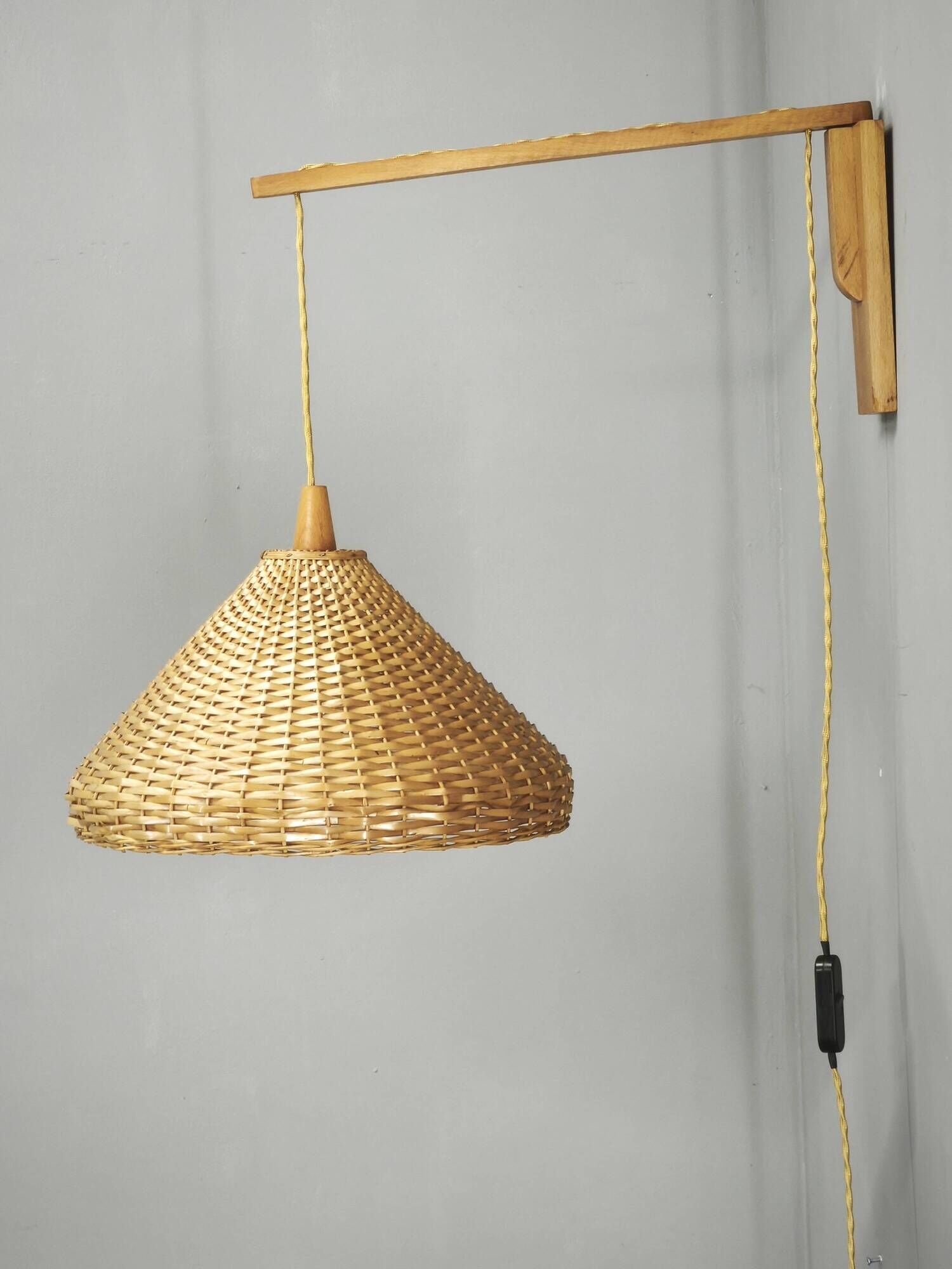 Czechoslovak Rattan and Wood Swing Arm Wall Lamp, 1960s