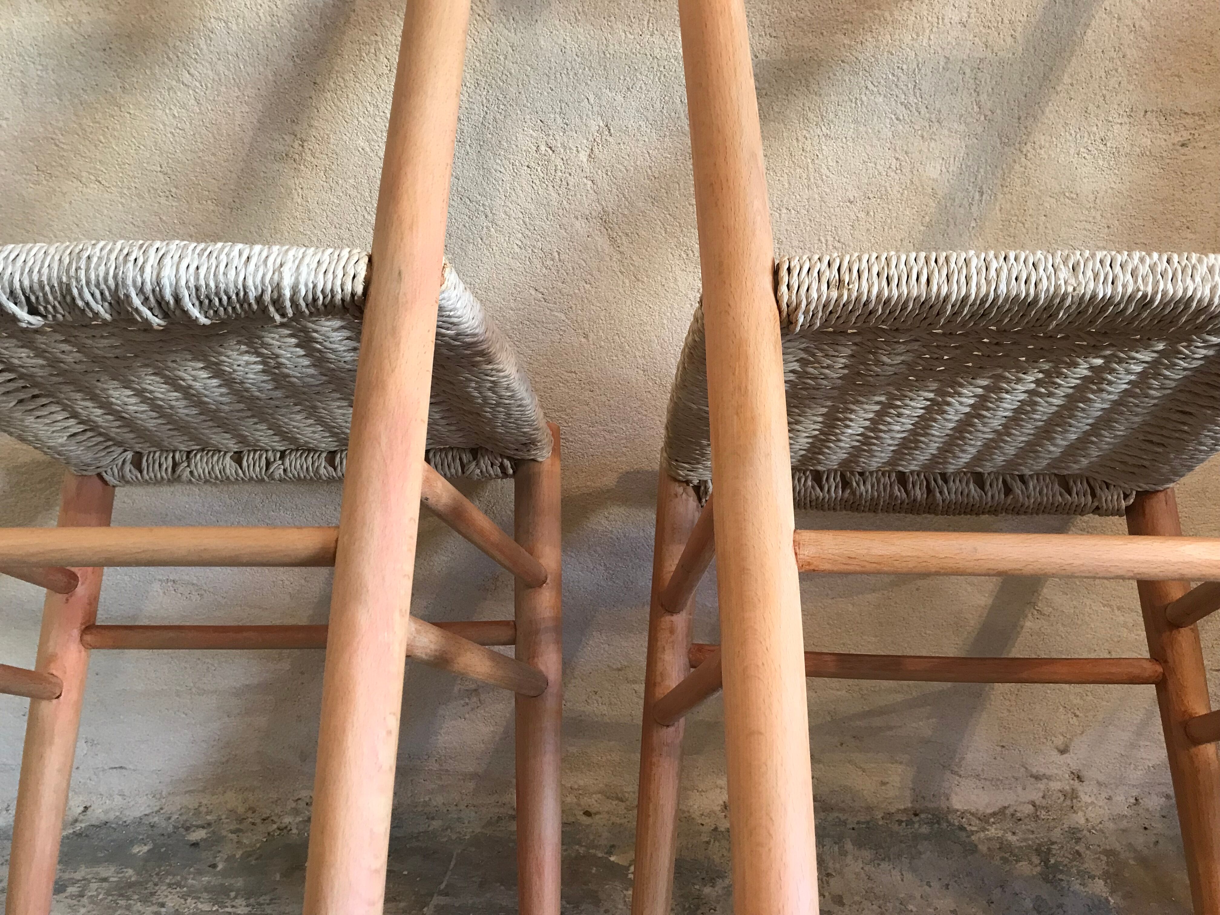 Pair of vintage chairs 1960-80's in beech braided rope