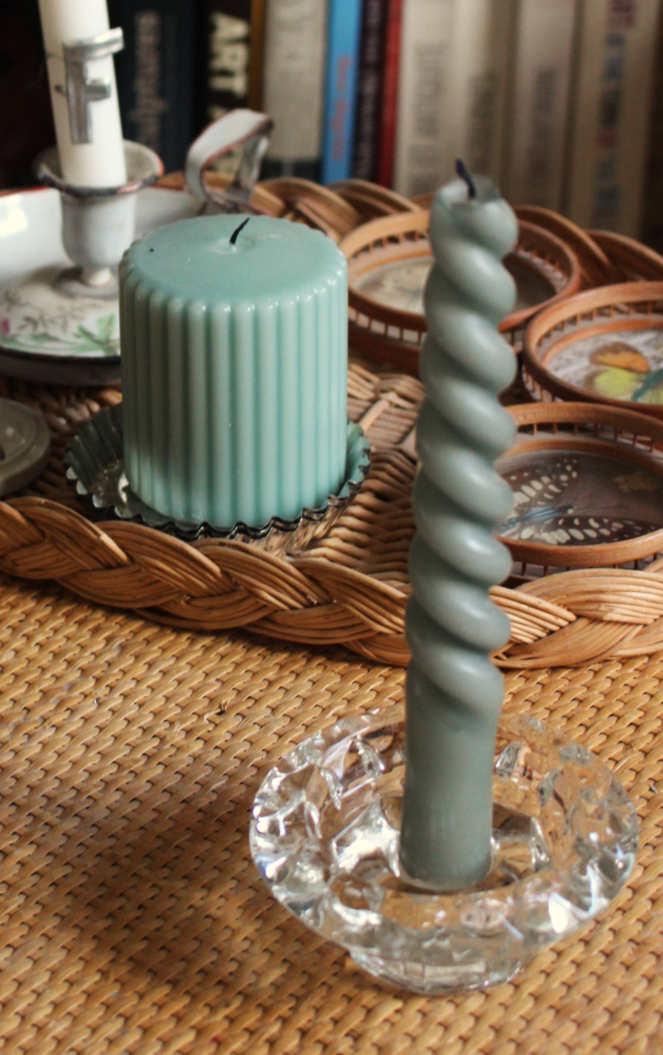 Set of 2 vintage glass candle holders with flower carving