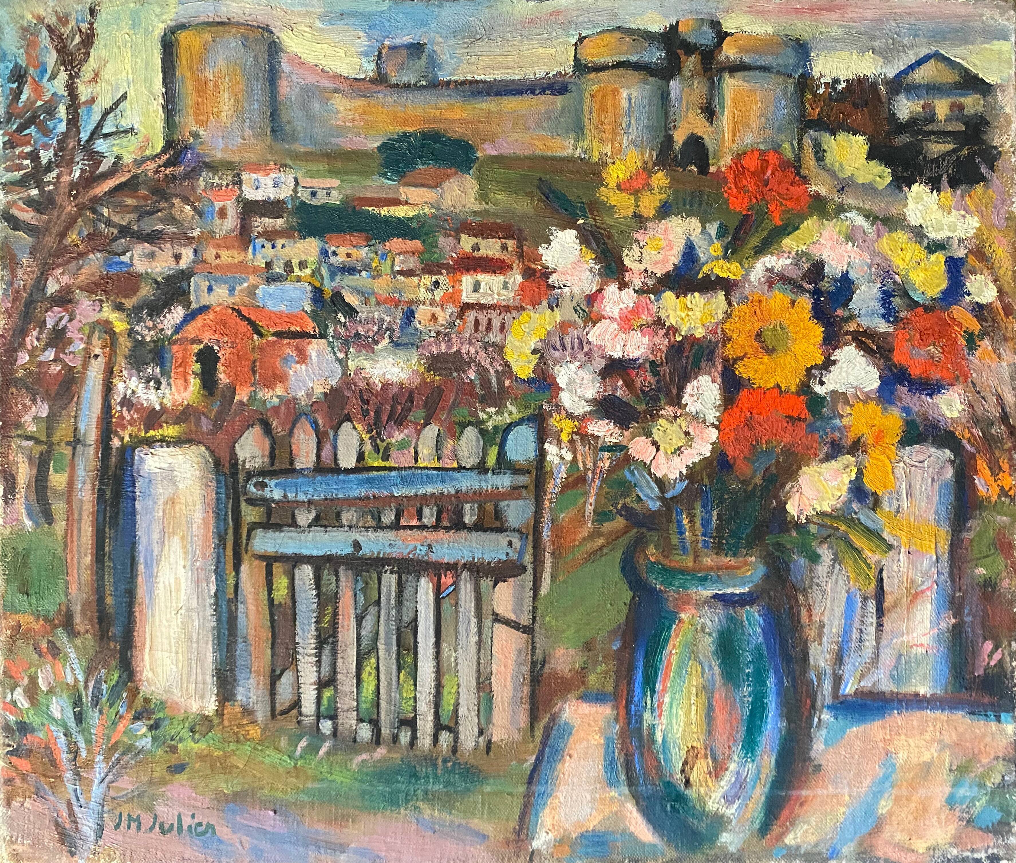 Painting HST "Floral composition with fortifications" J.M. Julien, early XX°
