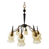 Atomic Age Design Brass and Glass Chandelier, 1950s