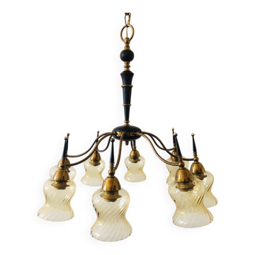 Atomic Age Design Brass and Glass Chandelier, 1950s