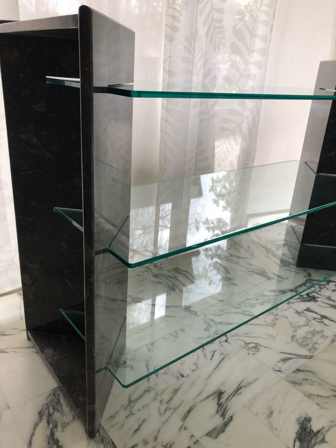 Roche Bobois console in veined black marble and glass, 1990s.