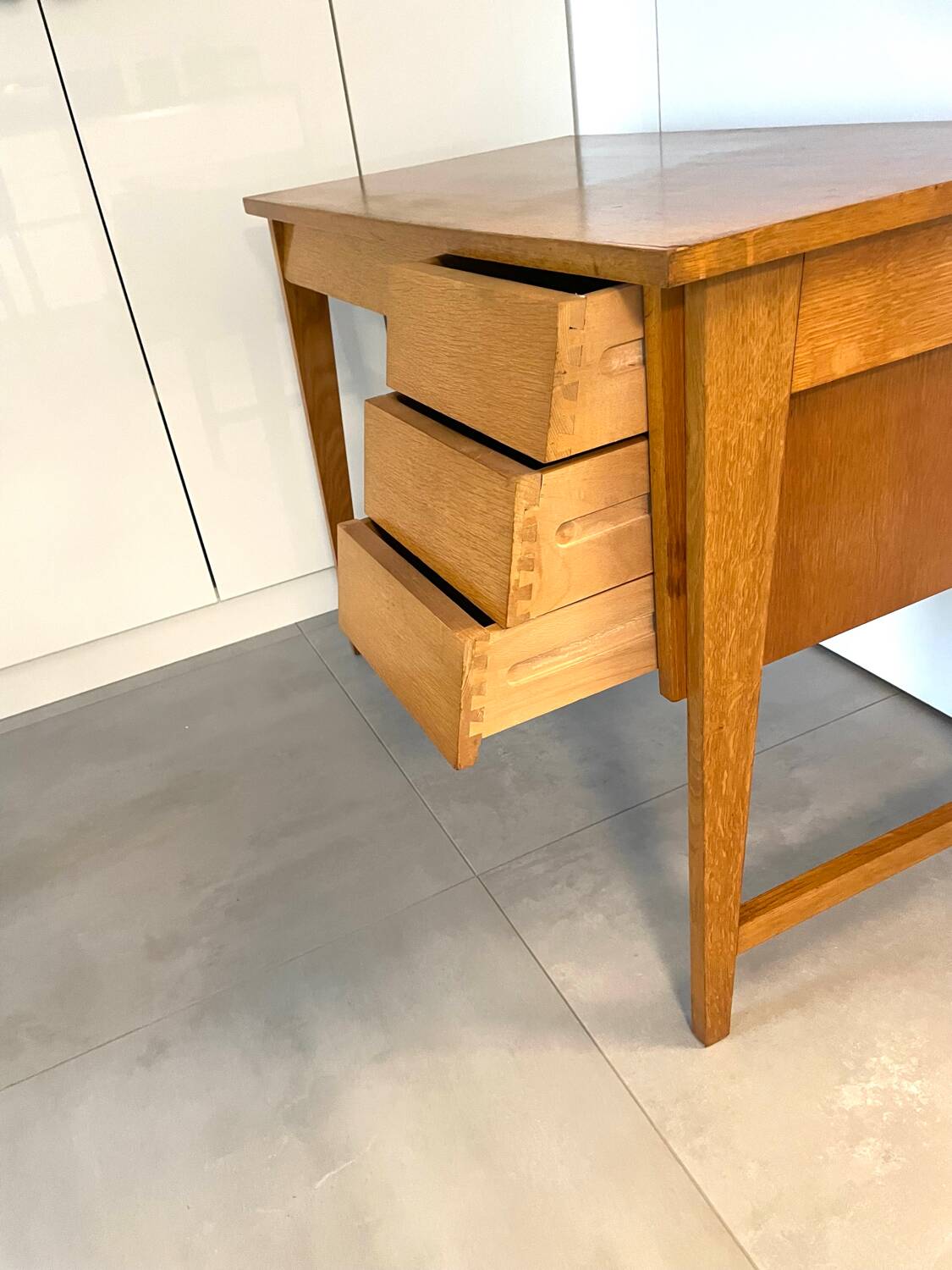 1950s modernist oak desk with compass legs