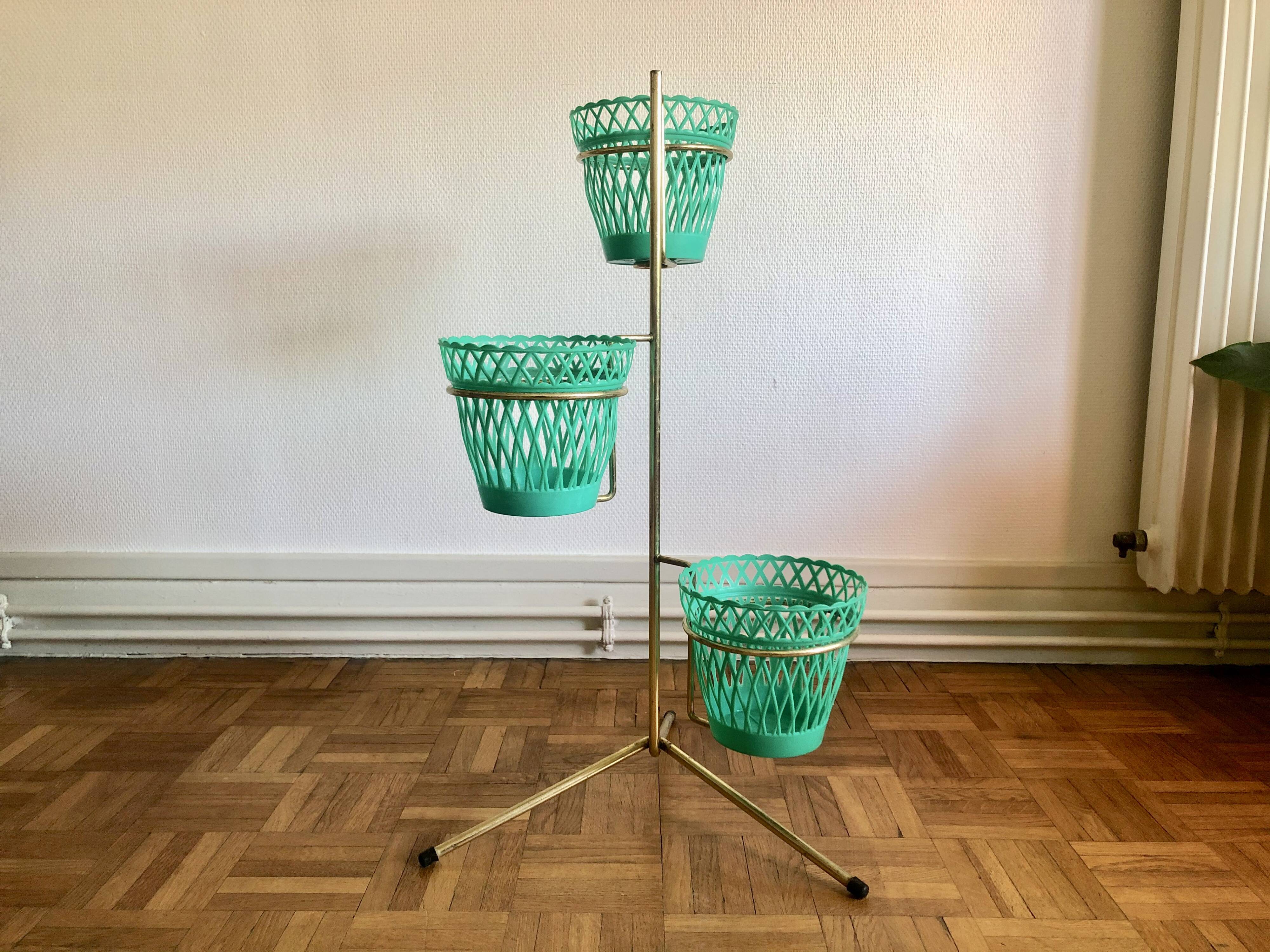 Porte-plante tripode en laiton et cache-pots Syla
