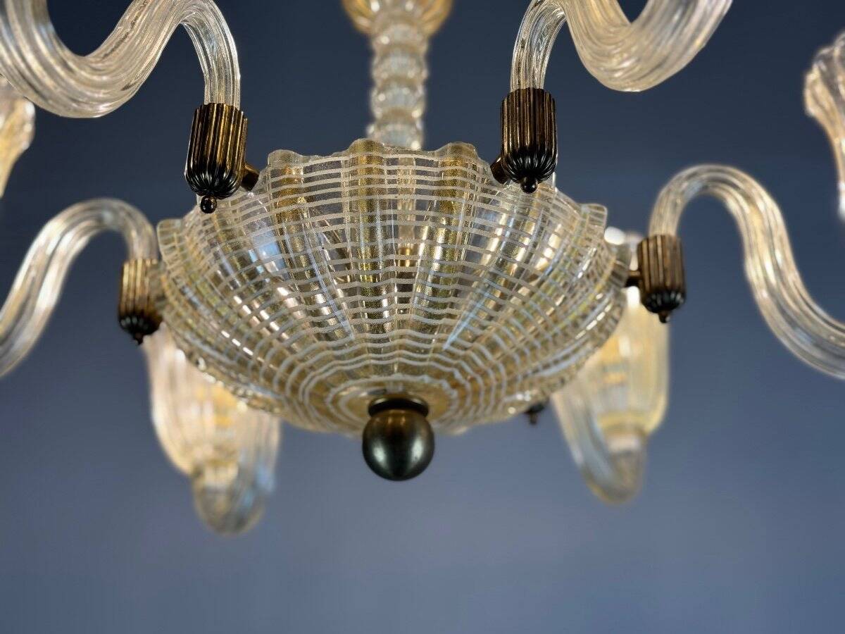 Venetian chandelier in gilded Murano glass with reticello pattern, 6 light arms, circa 1950
