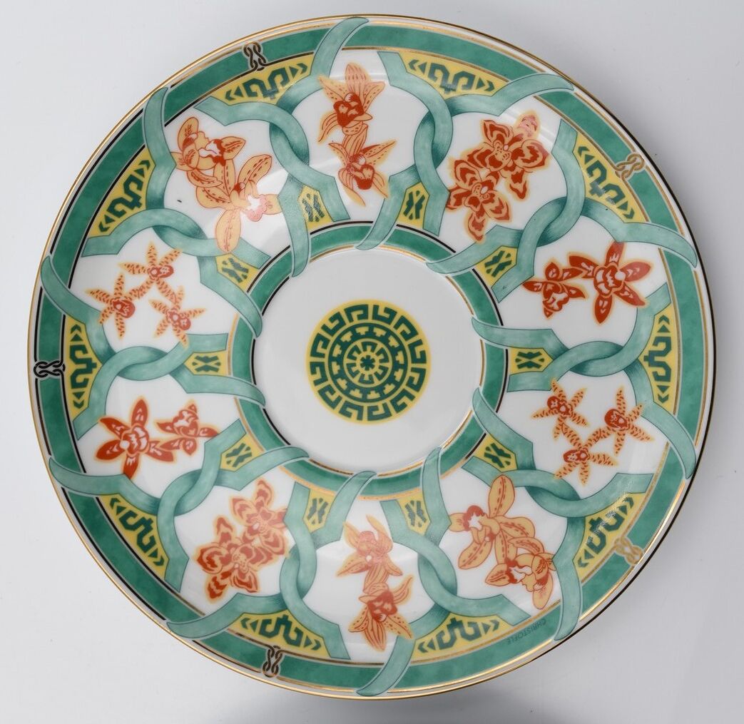 2 cups Christofle Oceana Green Ginkgo porcelain