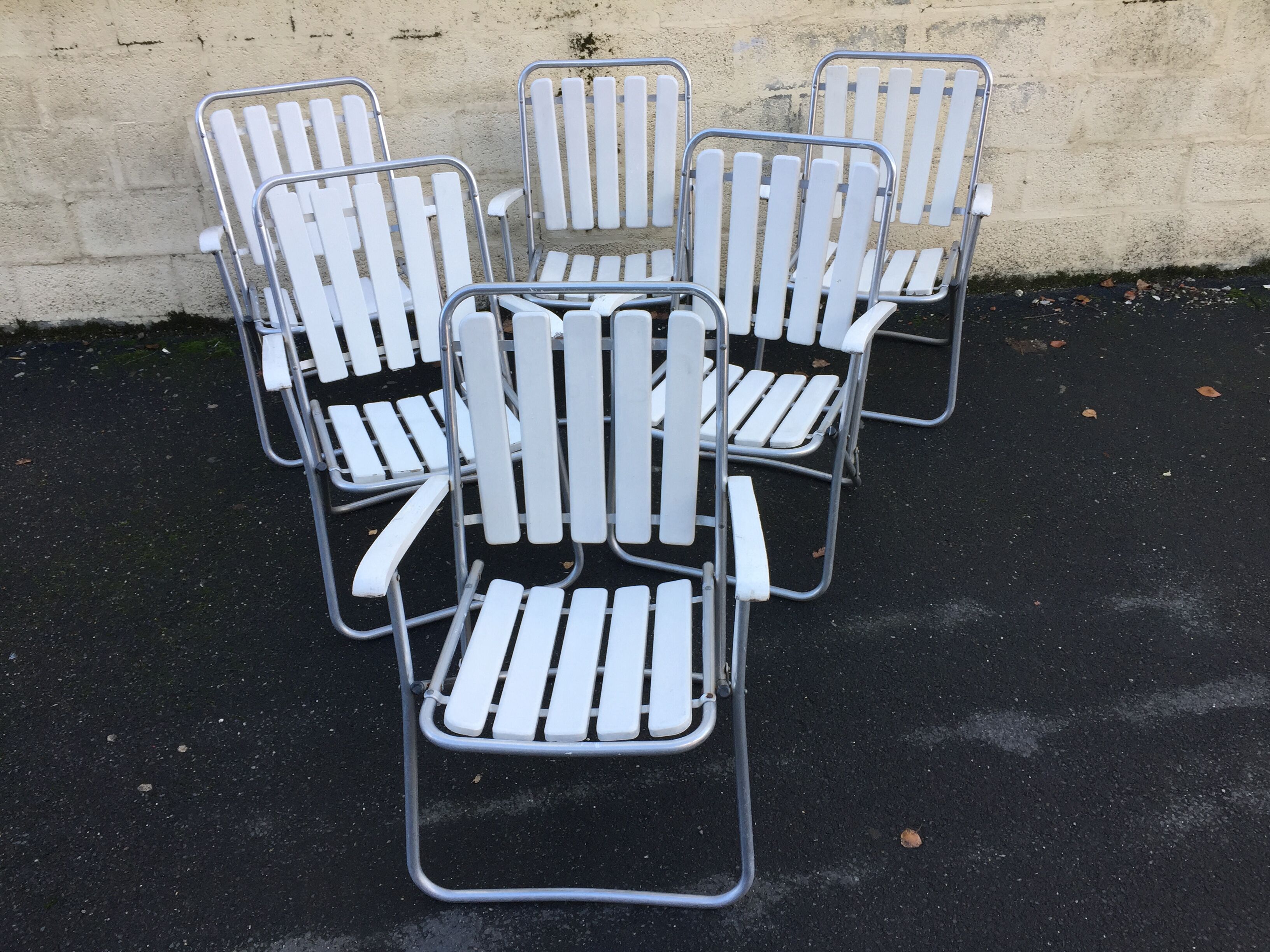 Six folding armchairs, aluminum frame wooden slats