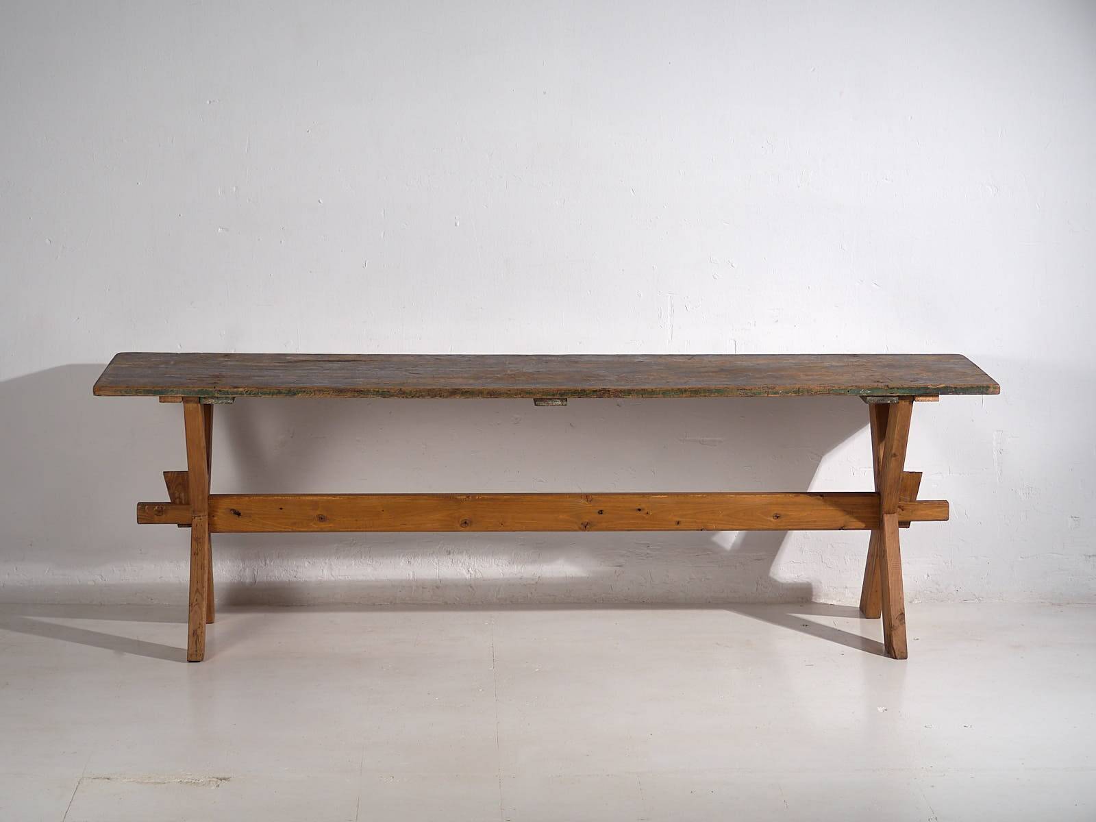 Antique solid wood table with green patina (c.1920)