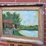 Peinture ancienne signée et datée, paysage animé, peinture à l’huile sur panneau de bois