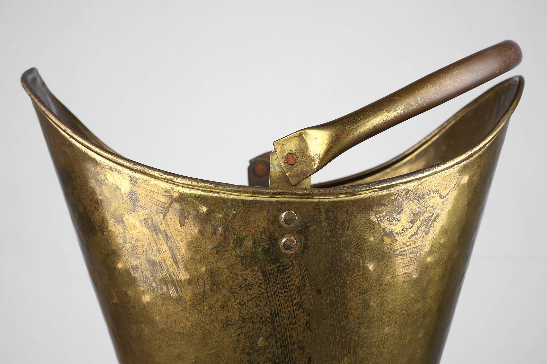 French vintage rustic brass and copper base umbrella stand with embossed decoration