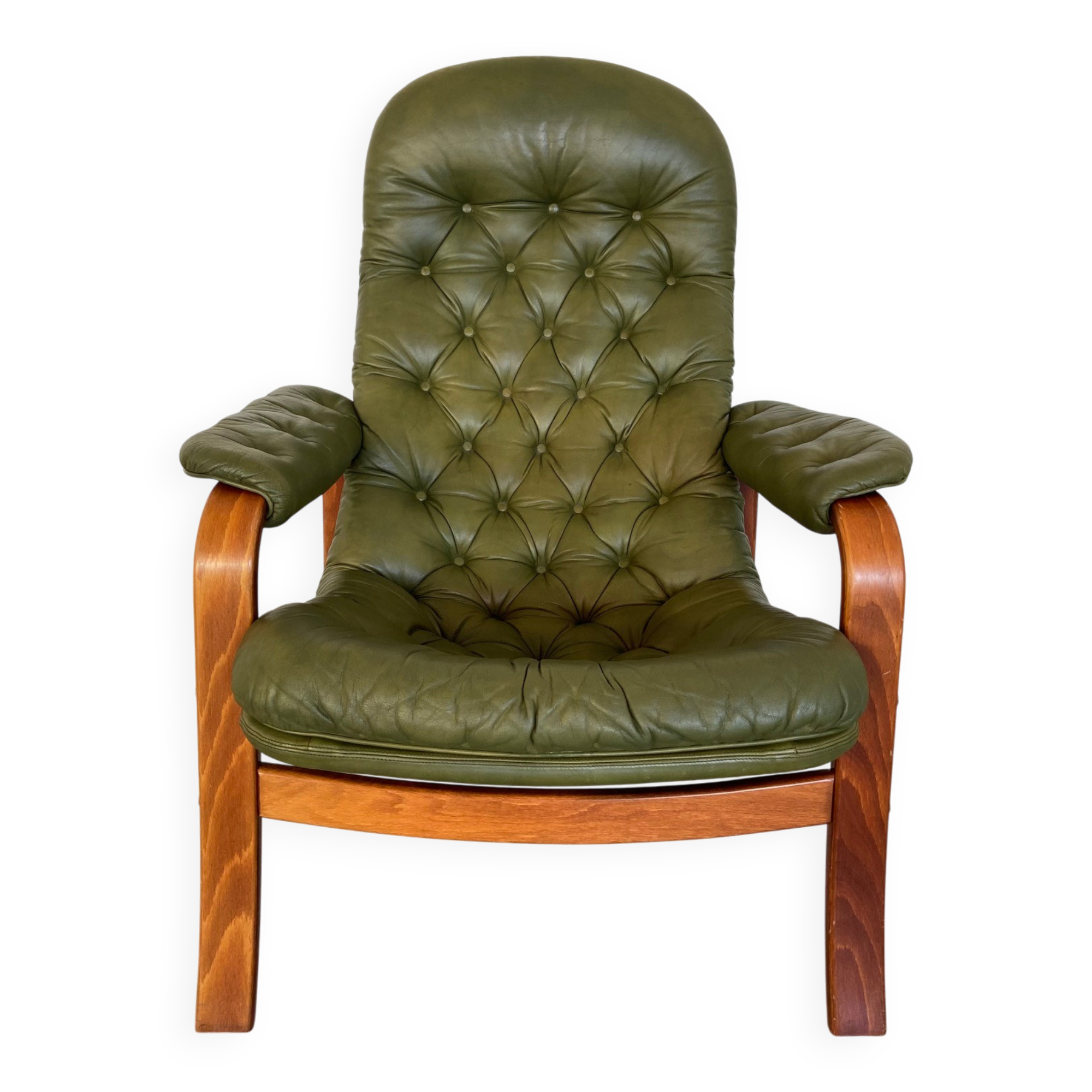 Vintage Swedish mid-century olive green leather lounge chair by Gote Møbler – 1970s