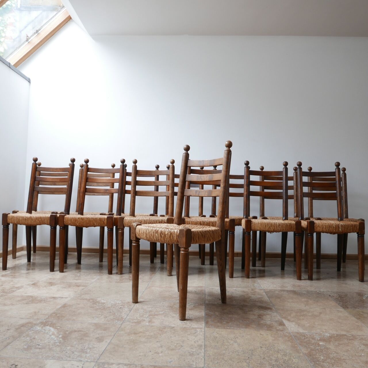 Set of 14 mid-century french rush farmhouse dining chairs