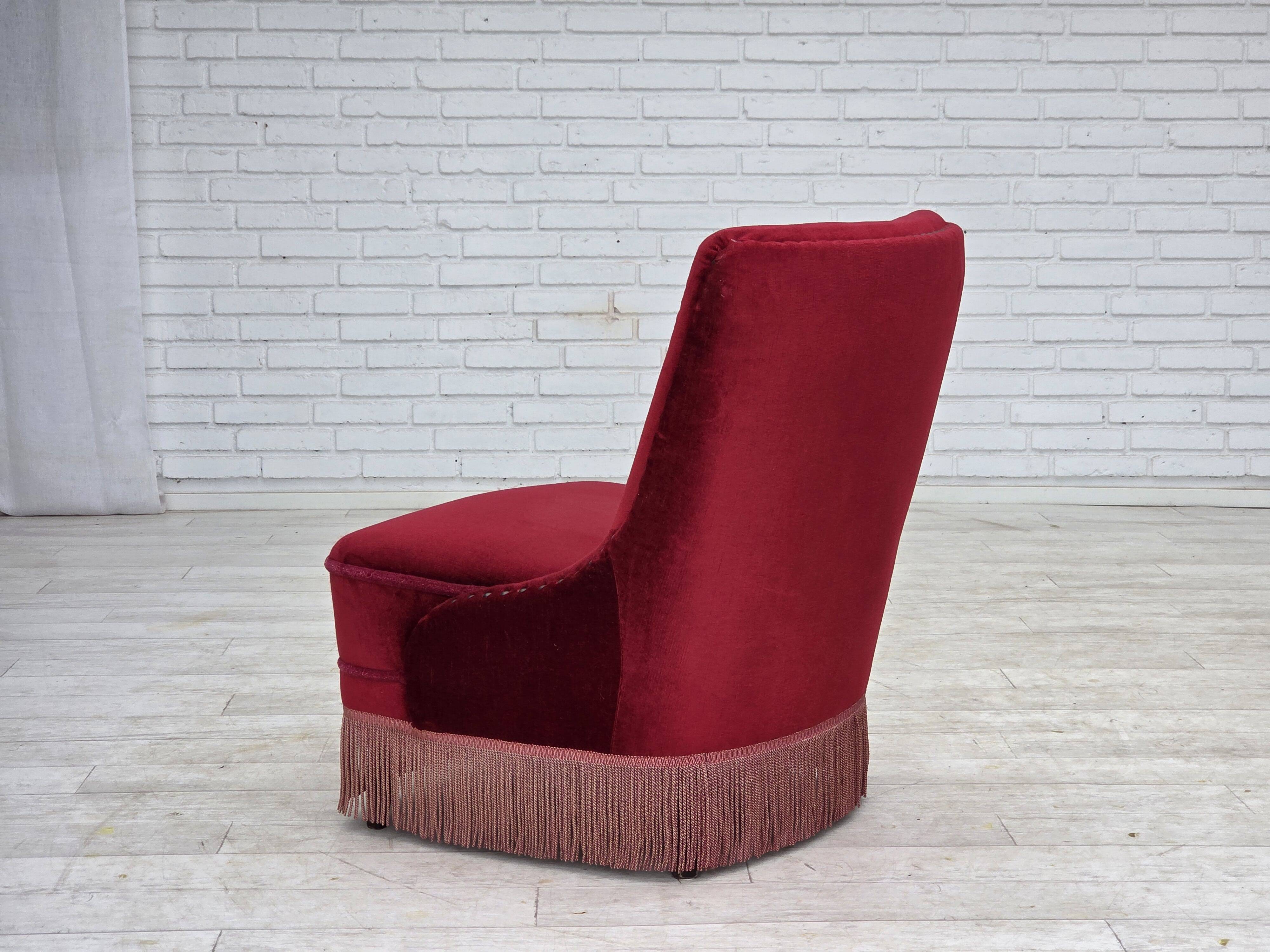 1960s, Danish armchair, original red furniture velour, beech wood legs.