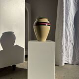 Large beige vase with blue and pink trim H27 D21