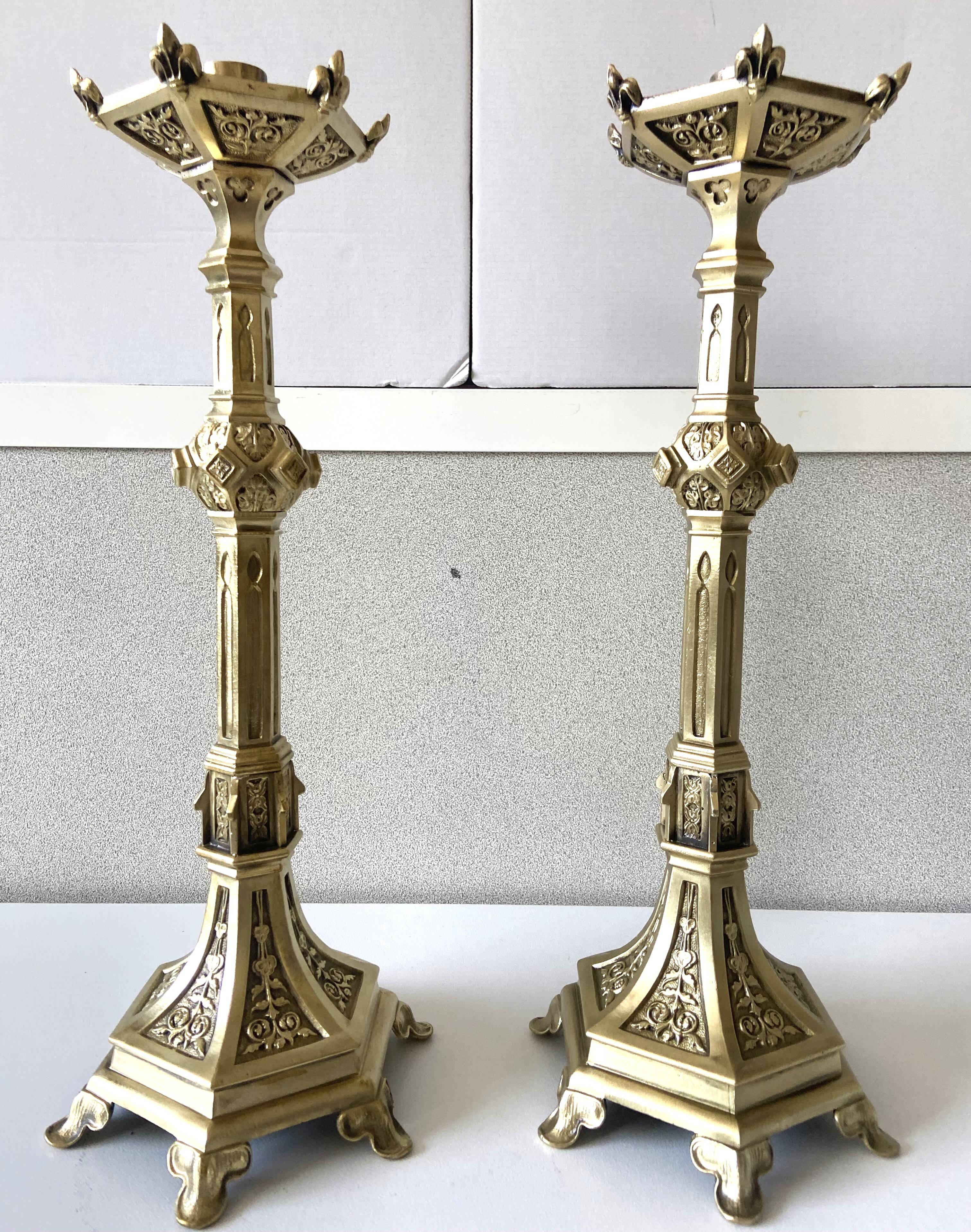 Pair of Antique Gothic Revival Candle Holders in Gold Bronze