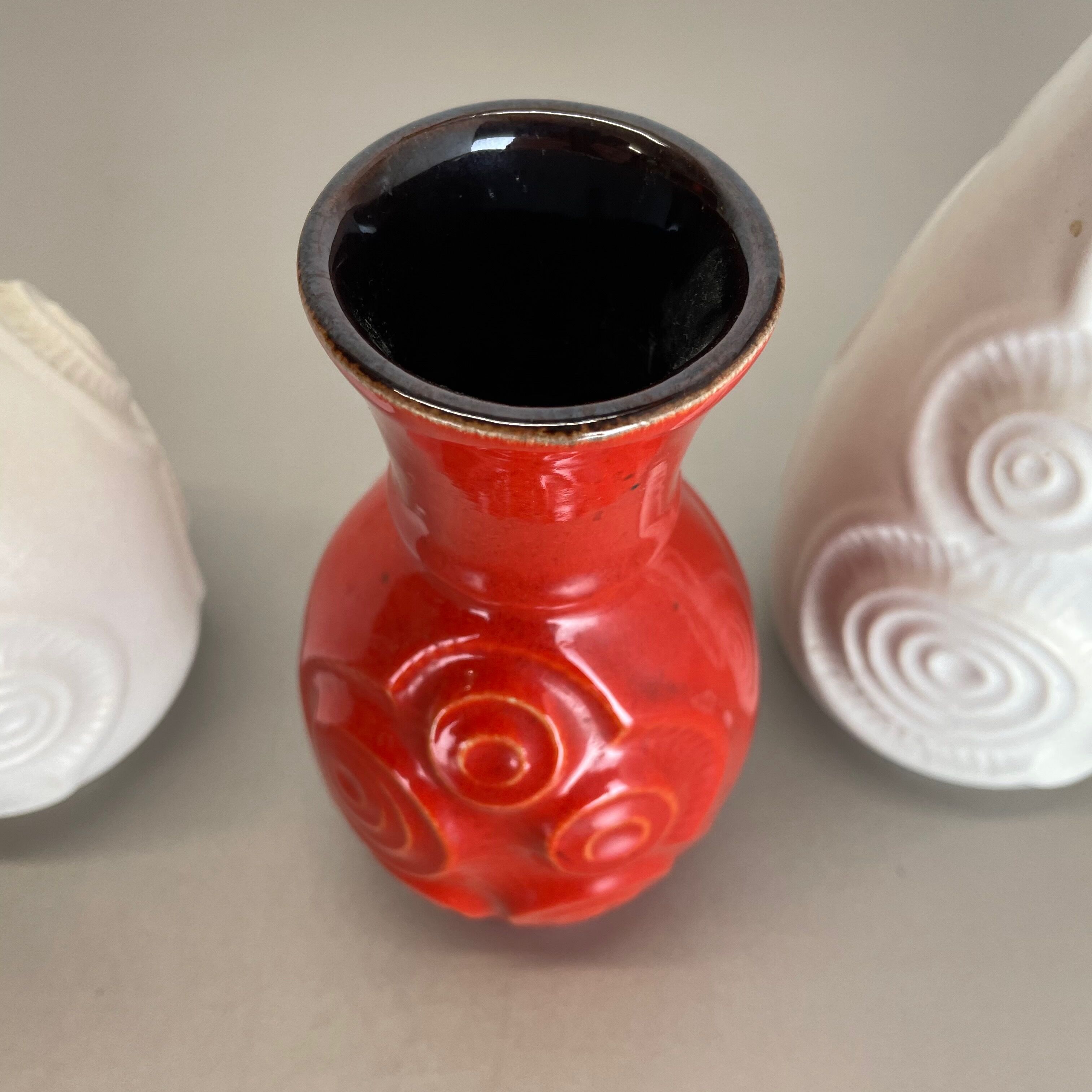Set of 4 Red-White Fat Lava Op Art Pottery Vases by Bay Ceramics, Germany