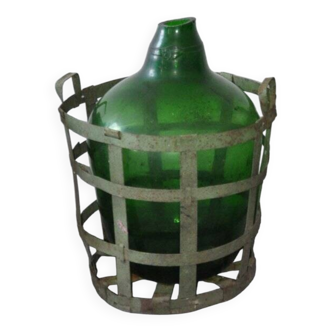 Large green glass lady-Jeanne with metal basket — decorative vintage bottle 58 cm