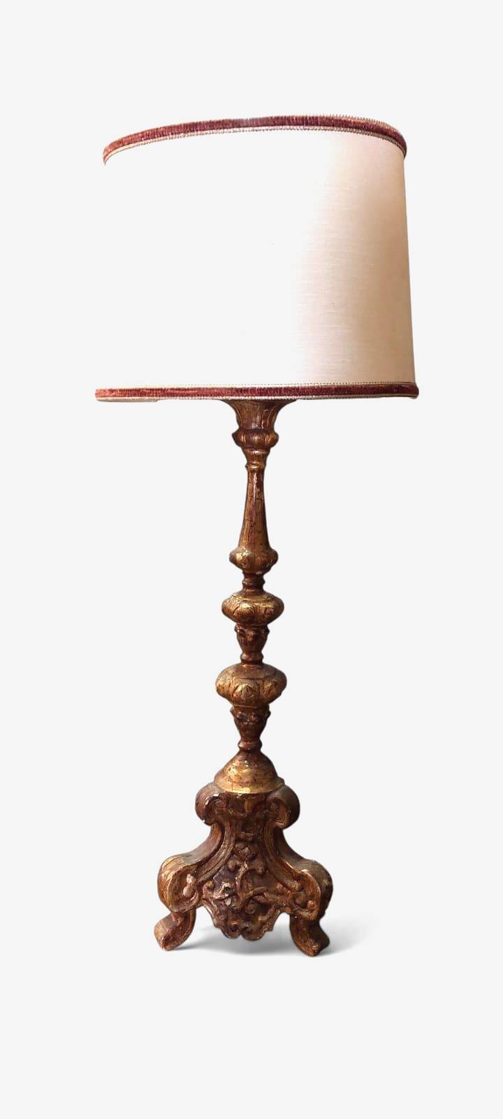 Antique 18th century candlestick lamp, gilded wood, electrified