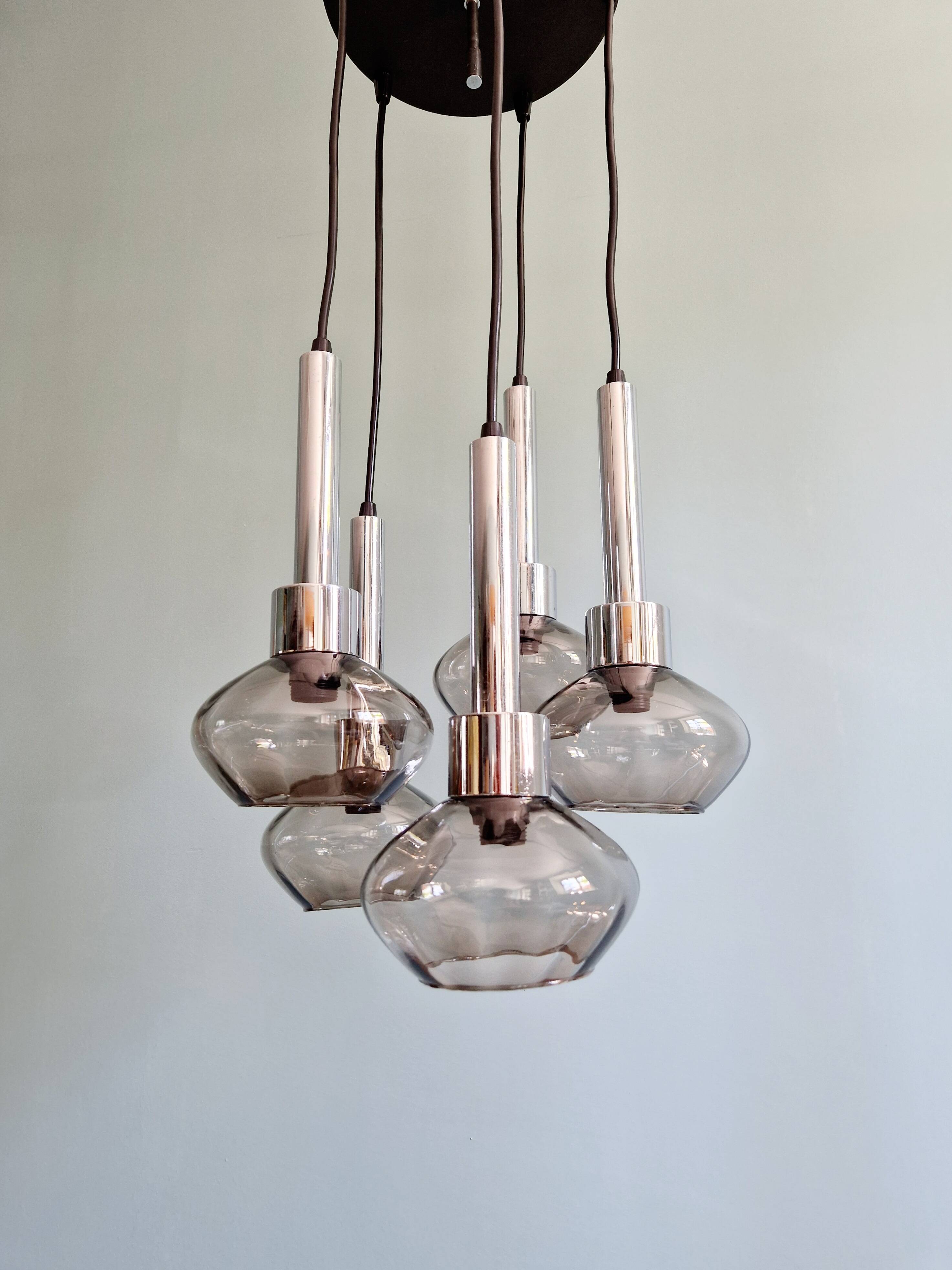 Cascade chandelier in chrome metal and smoked glass, 1970s