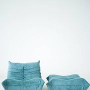 Togo set of armchair and pouf in light blue corduroy