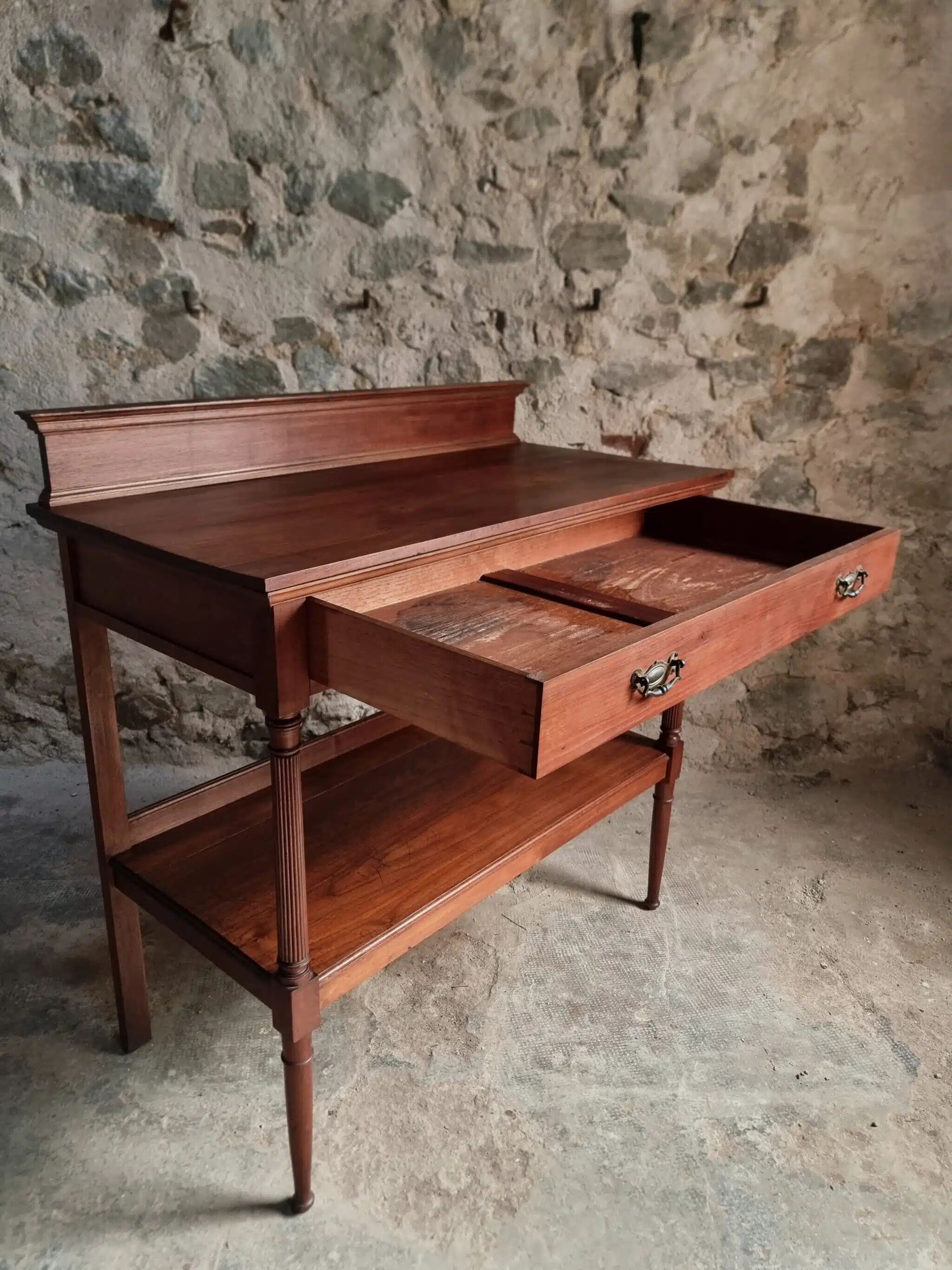 Antique mahogany console with drawer and shelf, French serving table, circa 1900.