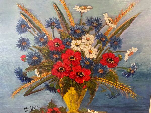 Nature morte au bouquet de fleurs huile sur panneau signature à identifier. XXème