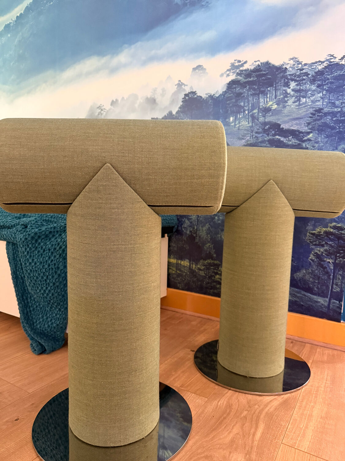 Pair of green Mister T Materia stools – like new