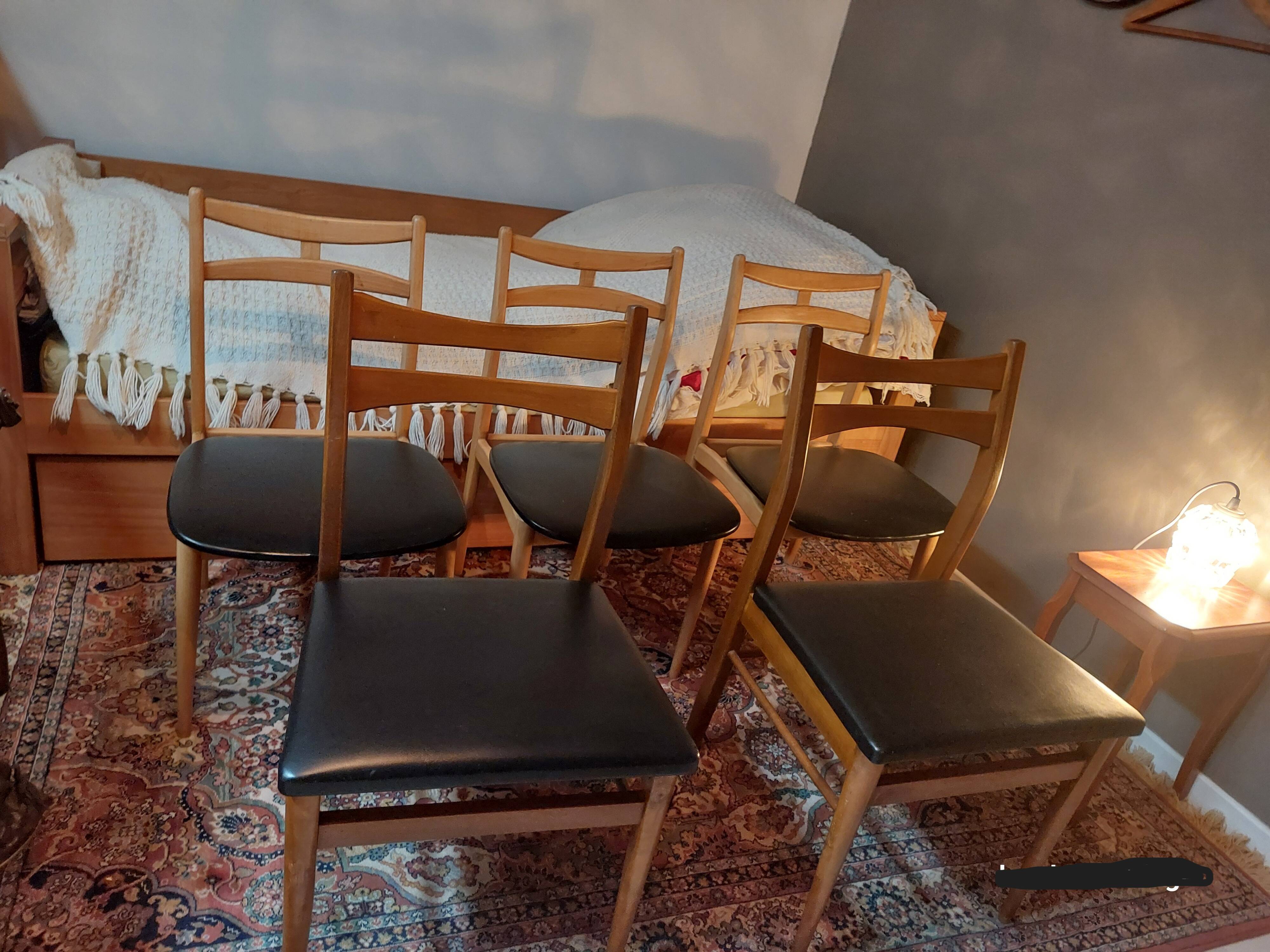 5 Scandinavian style chairs, wood and black faux leather.