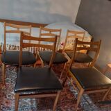 5 Scandinavian style chairs, wood and black faux leather.