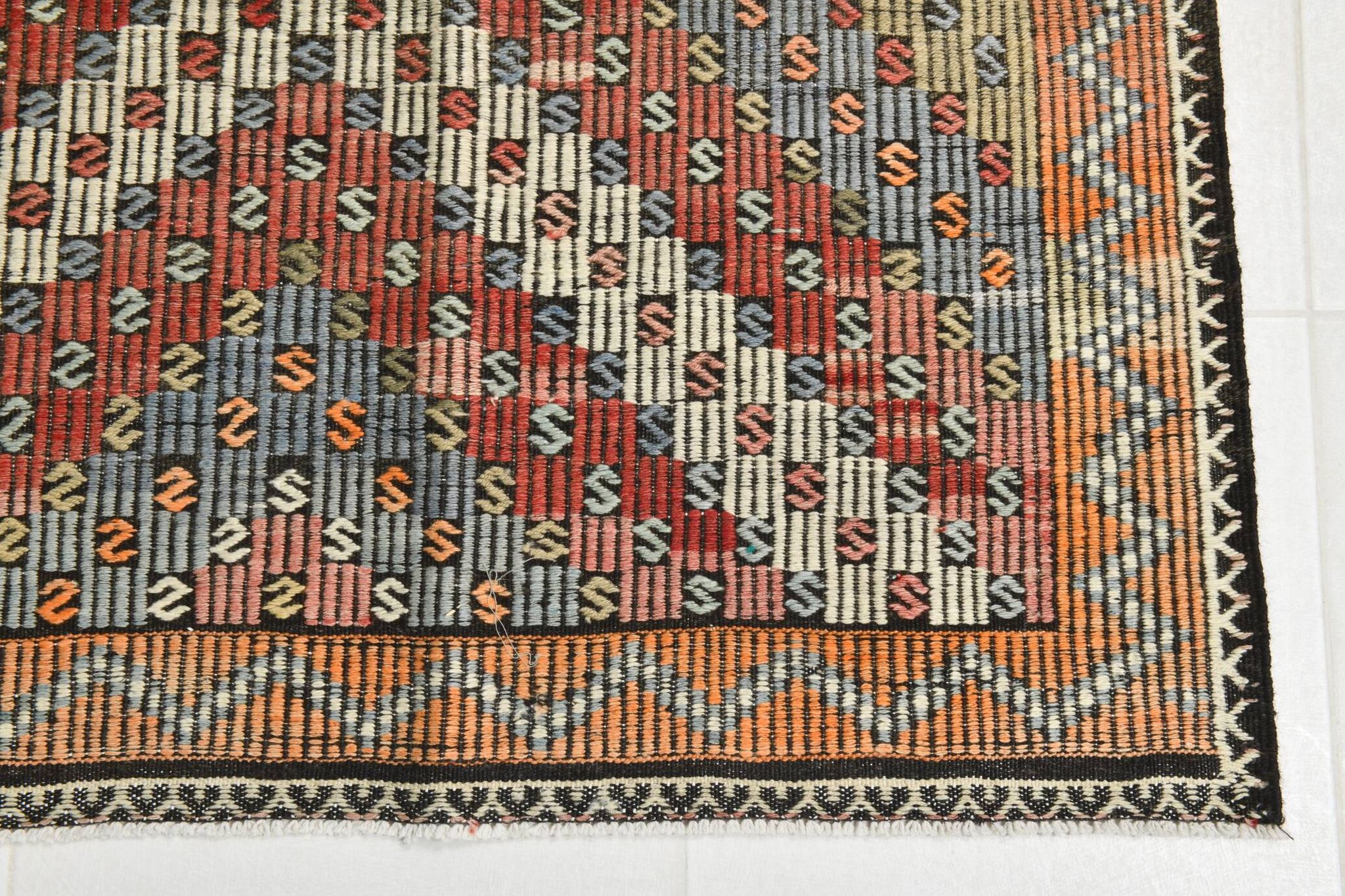 Burgundy & Green Turkish Vintage Kilim Rug