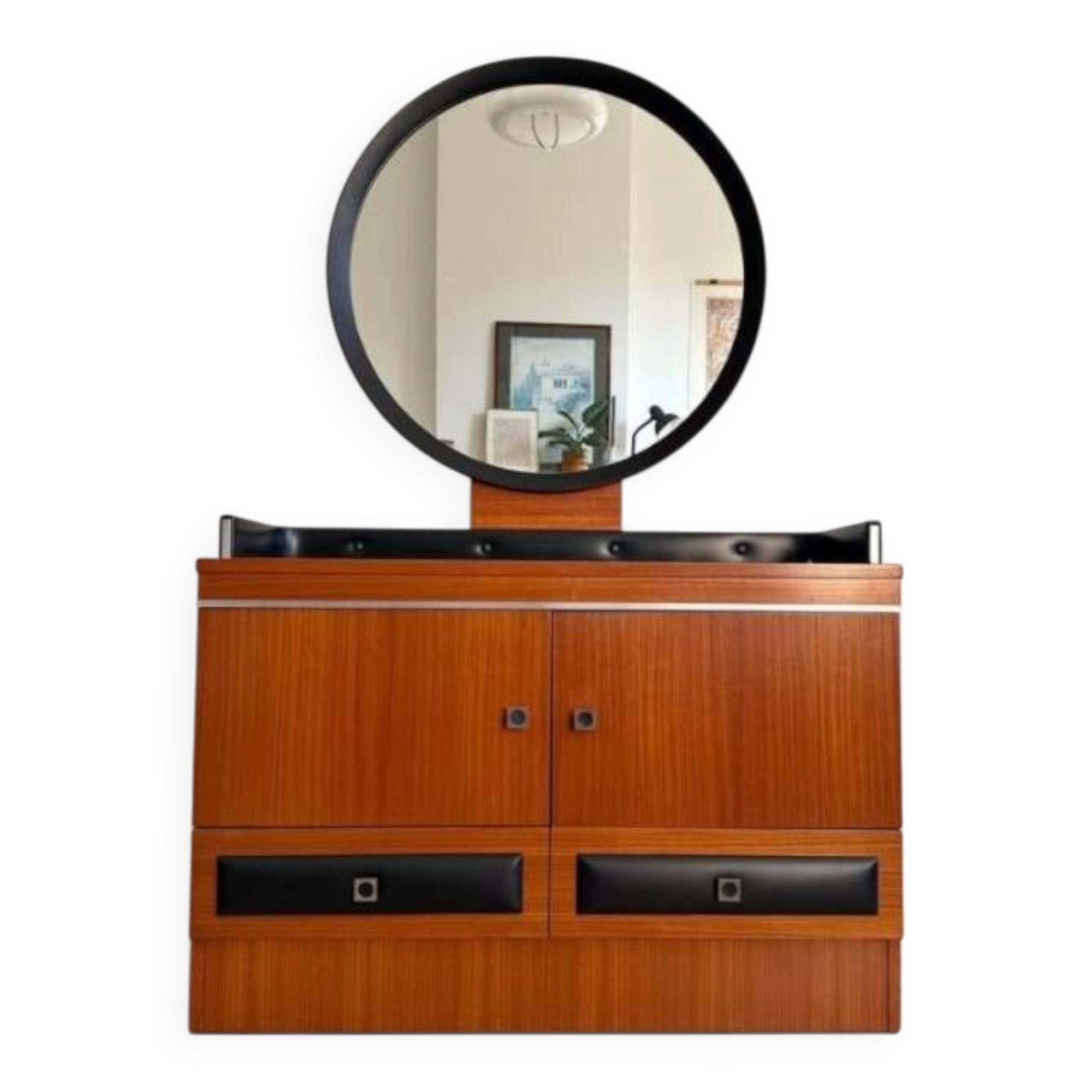 Mid-century hairdresser dressing table with tufted elements in black faux leather.