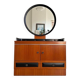 Mid-century hairdresser dressing table with tufted elements in black faux leather.