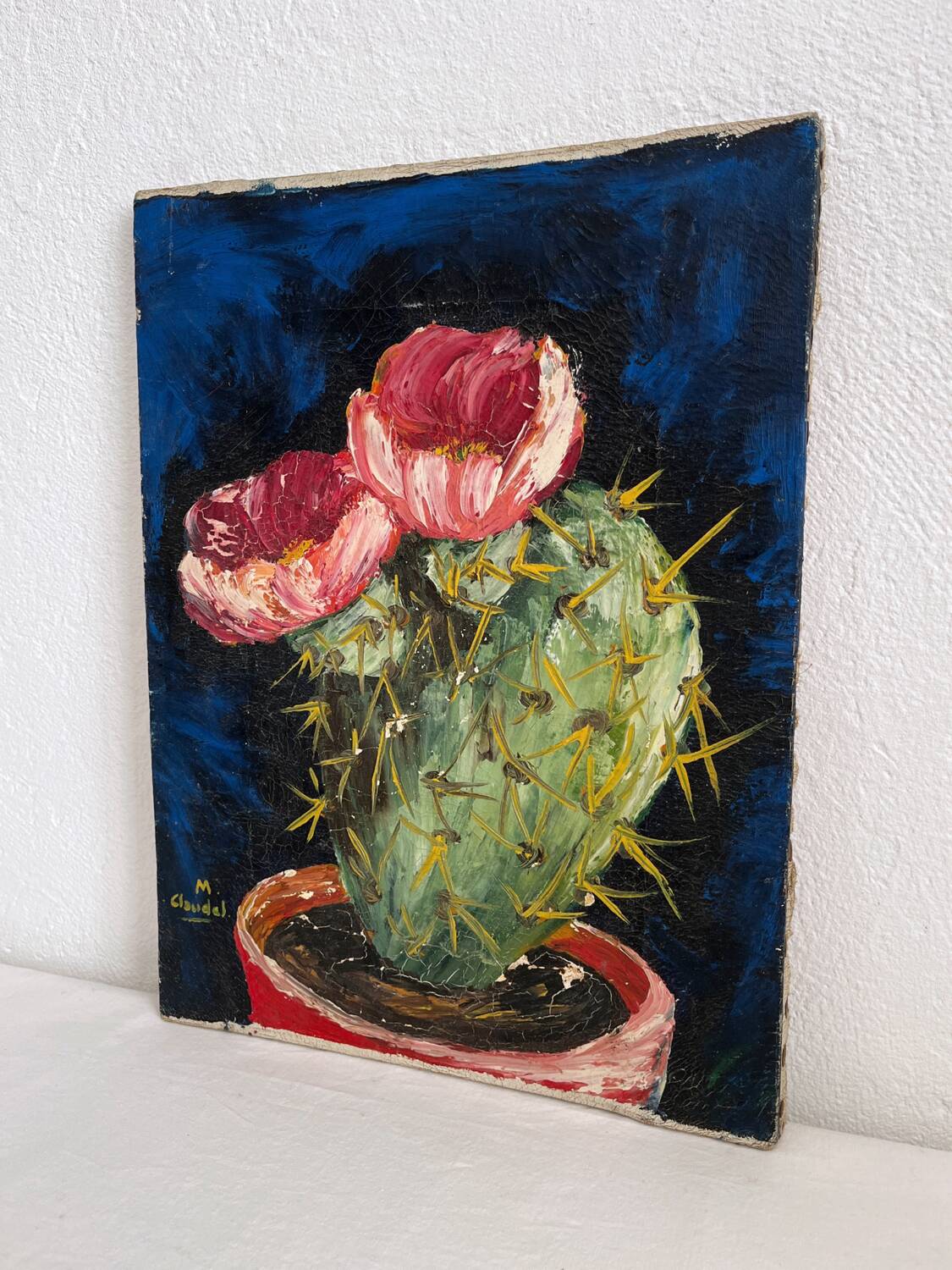 Peinture ancienne huile sur toile cactus signée Claudel