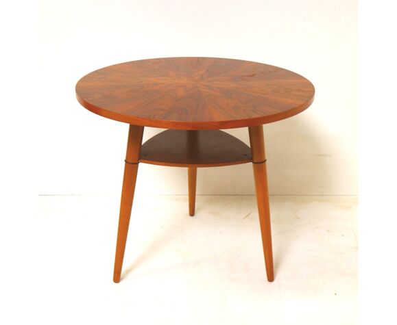 Round vintage side table with beautiful wood drawing made in the 1960s