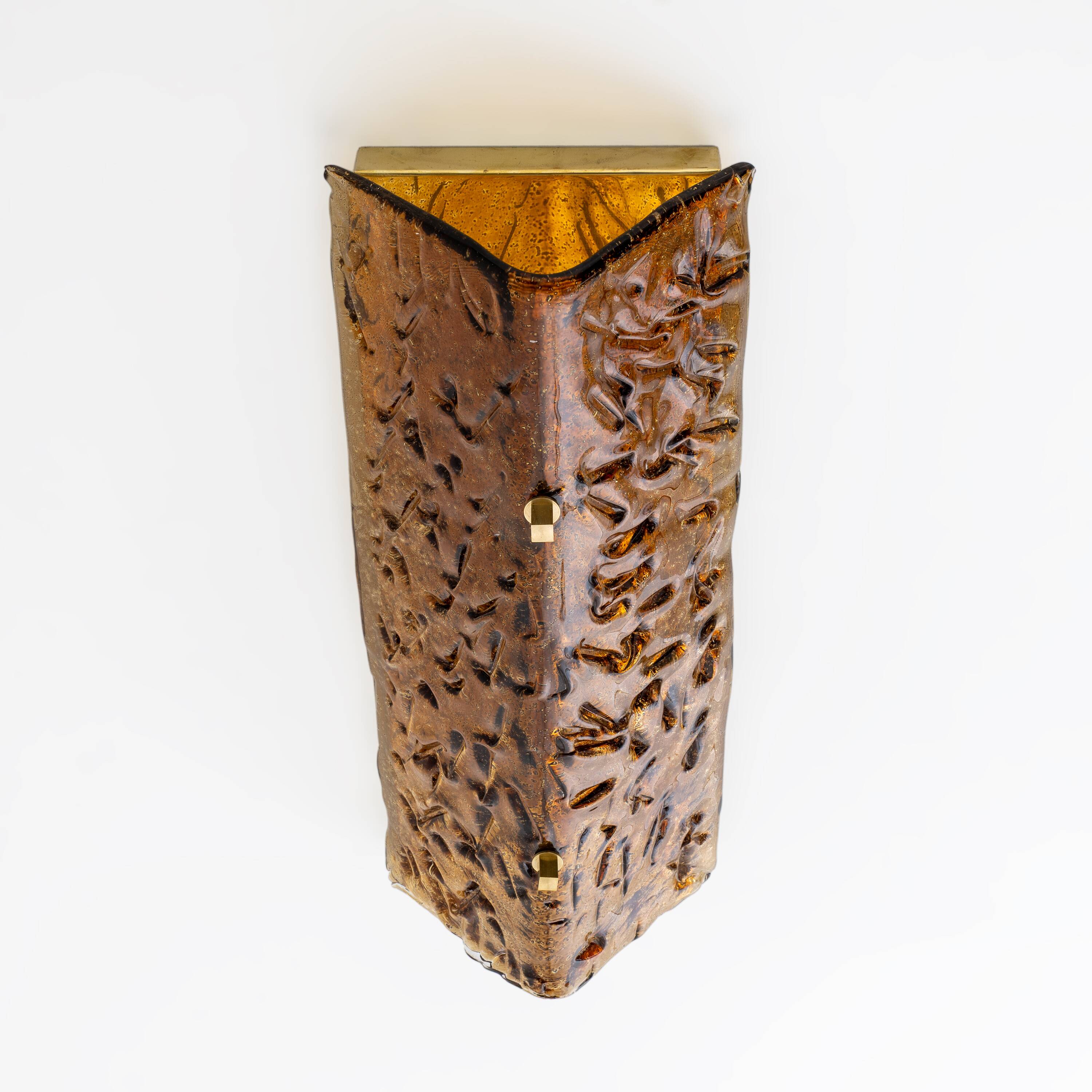 Pair of Amber Murano Glass and Brass Sconces