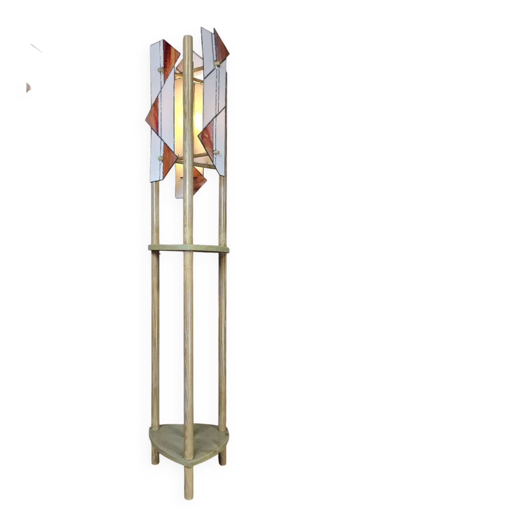 Pine wood floor lamp with handmade stained glass in Japandi style.